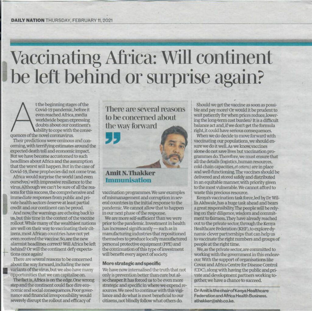 Covid19 Newspaper Article by Dr. Amit N. Thakker Kenya Healthcare