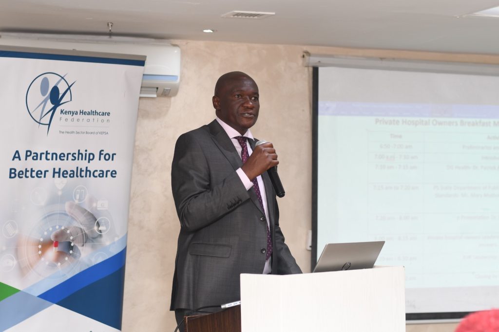 Dr. Patrick Amoth, EBS, Director General, Ministry of Health giving his insights at the MOH-Private hospitals engagement meeting.
