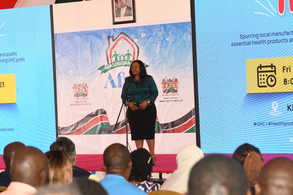 Trade CS Rebecca Miano giving remarks at the Local Manufacturing Exhibition